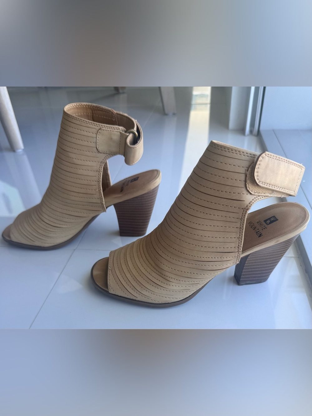 White Mountain Beige Open-Toe Ankle Booties with Block Heel